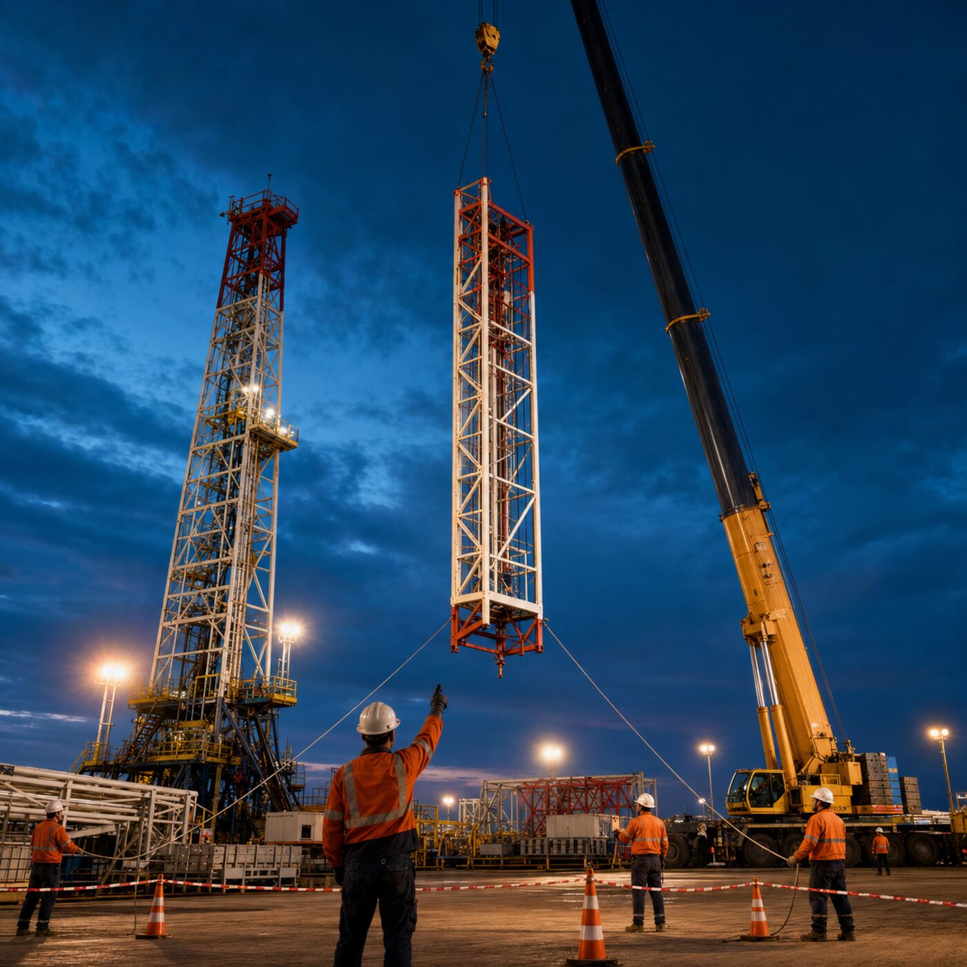 Crane executing a planned heavy lift with rigging crew in position