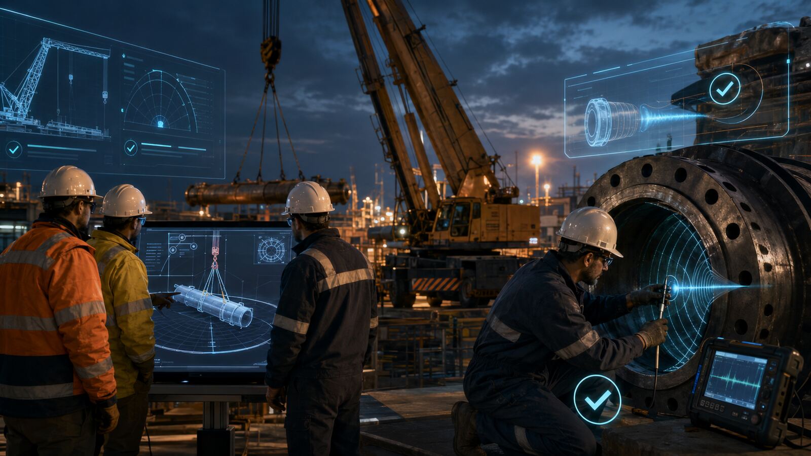 Technicians conducting night-time drilling rig equipment checks