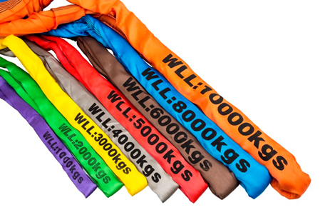 Polyester round slings, color coded by capacity