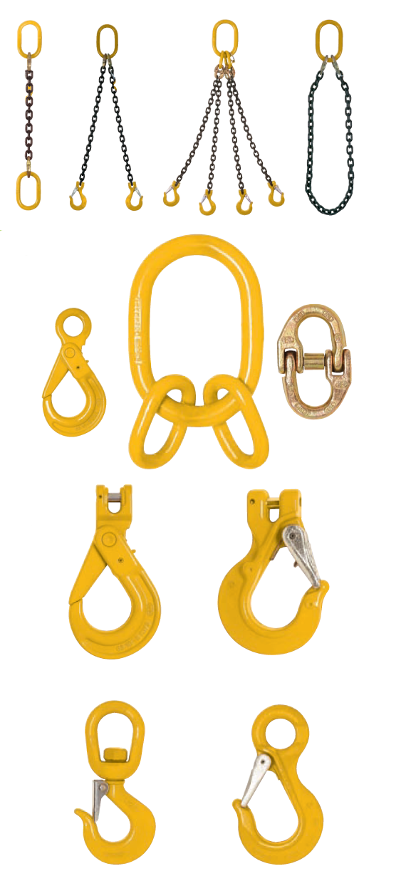 Chain sling assemblies — single, double, triple and quadruple leg configurations with master links and hooks