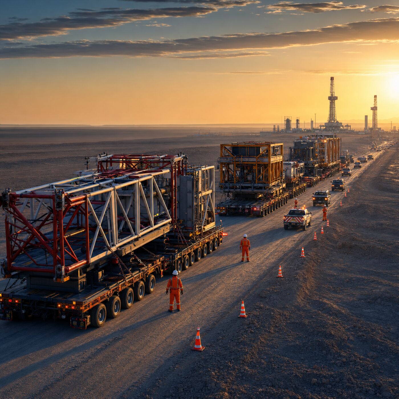 Drilling rig sections in transport convoy on a desert route