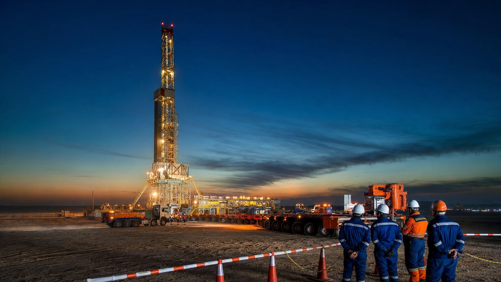Drilling rig at dusk with AL NAYZEK DRILLING crew on site in southern Iraq