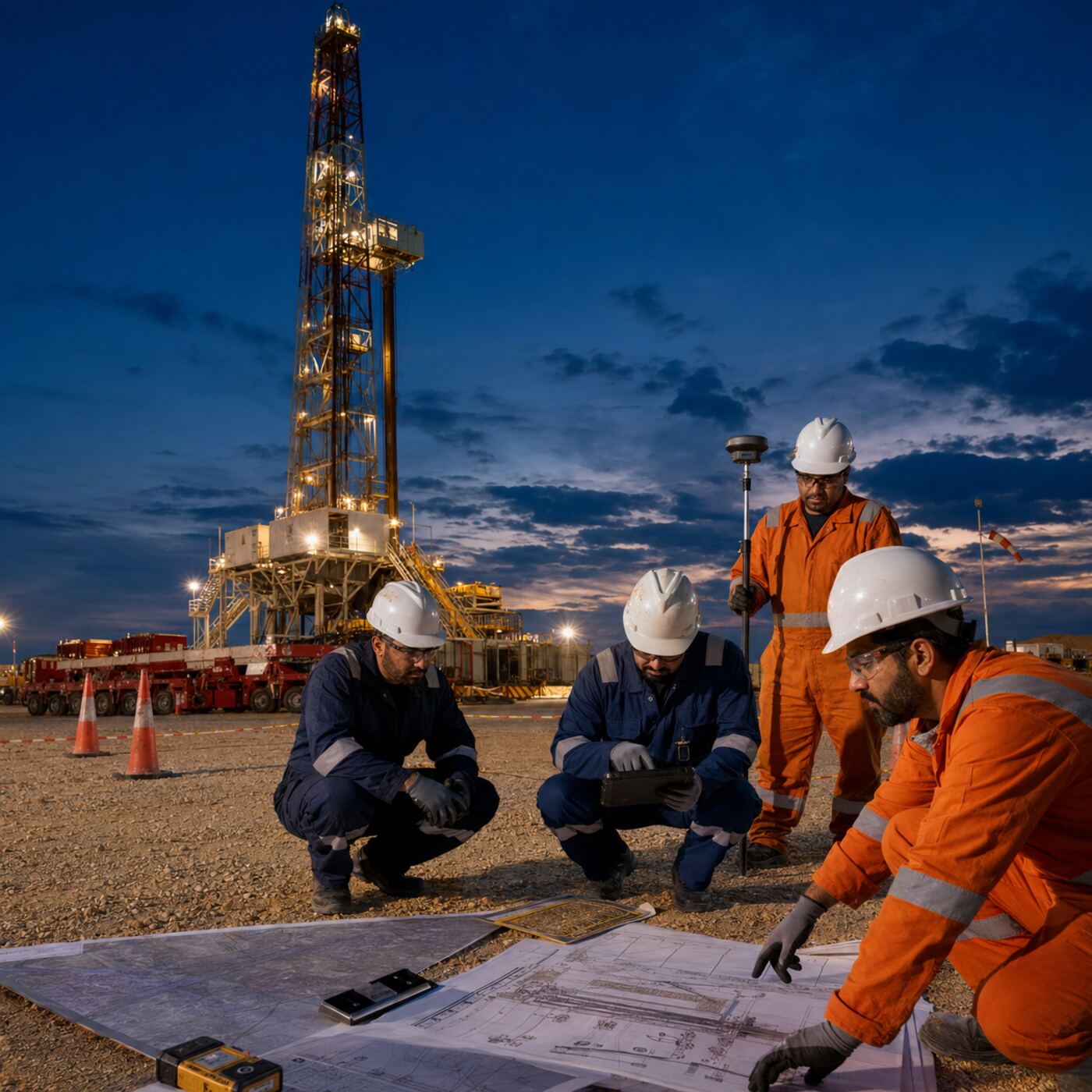 AL NAYZEK DRILLING crew reviewing operation plans beside a drilling rig at night