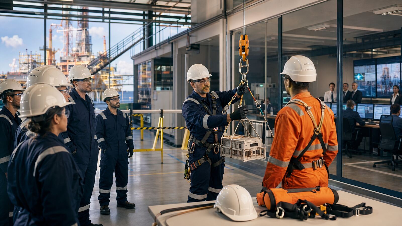 Trainees in safety harnesses at AL NAYZEK DRILLING training facility